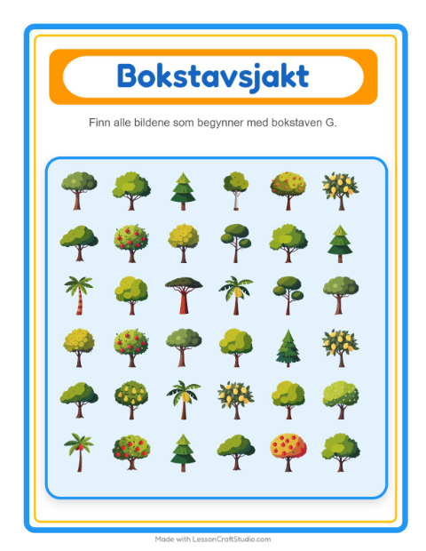 Forhåndsvisning av Finn Og Tell-arbeidsark med Trær for Barnehage (3-5 år)