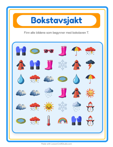 Forhåndsvisning av Finn Og Tell-arbeidsark med Vær for Barnehage (3-5 år)