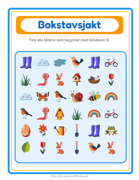 Forhåndsvisning av Finn Og Tell-arbeidsark med Vår for Barnehage (3-5 år)