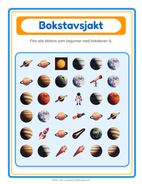 Forhåndsvisning av Finn Og Tell-arbeidsark med Verdensrommet for Barnehage (3-5 år)