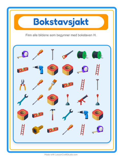 Forhåndsvisning av Finn Og Tell-arbeidsark med Verktøy for Barnehage (3-5 år)