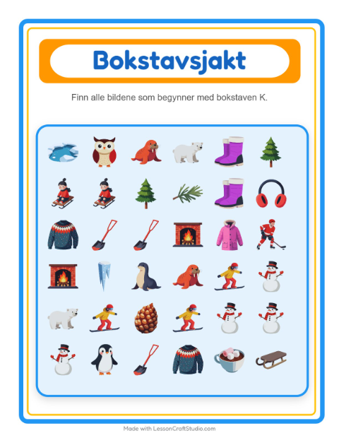 Forhåndsvisning av Finn Og Tell-arbeidsark med Vinter for Barnehage (3-5 år)