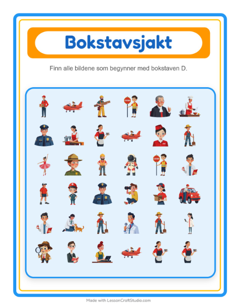 Forhåndsvisning av Finn Og Tell-arbeidsark med Yrker for Barnehage (3-5 år)