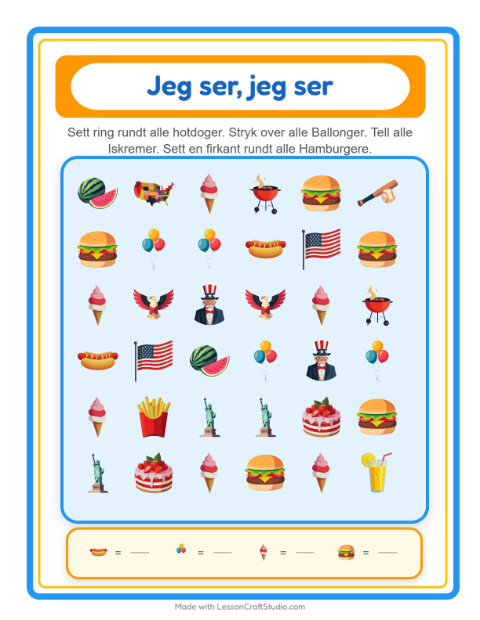 Forhåndsvisning av Finn Og Tell-arbeidsark med 4. juli for Barnehage (3-5 år)