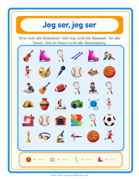 Forhåndsvisning av Finn Og Tell-arbeidsark med Aktiviteter for Barnehage (3-5 år)