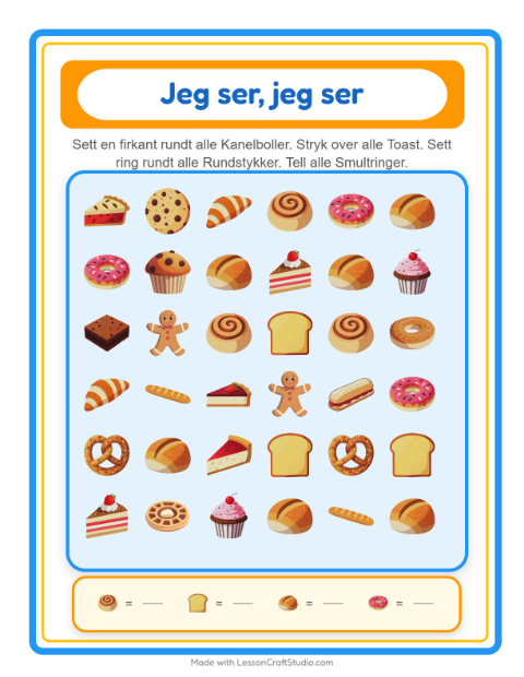 Forhåndsvisning av Finn Og Tell-arbeidsark med Bakeri for Barnehage (3-5 år)
