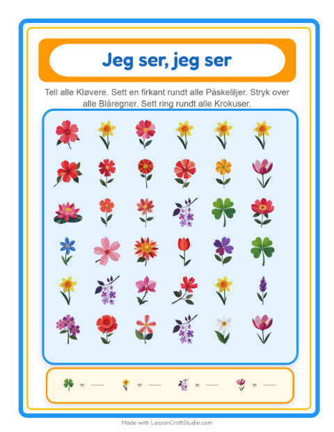 Forhåndsvisning av Finn Og Tell-arbeidsark med Blomster for Barnehage (3-5 år)