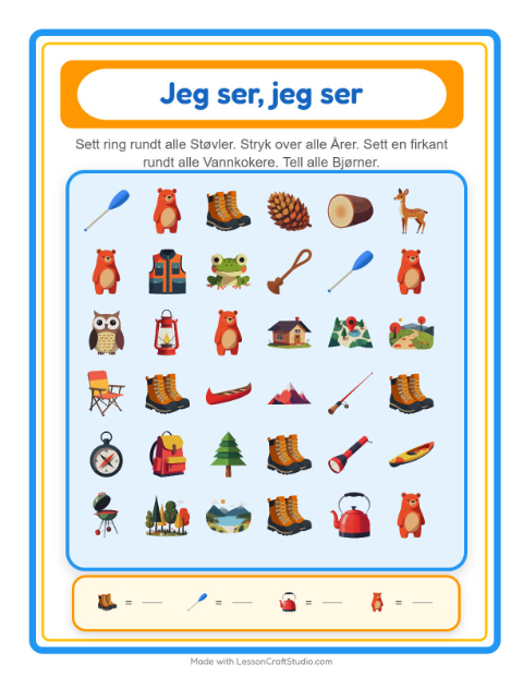 Forhåndsvisning av Finn Og Tell-arbeidsark med Camping for Barnehage (3-5 år)