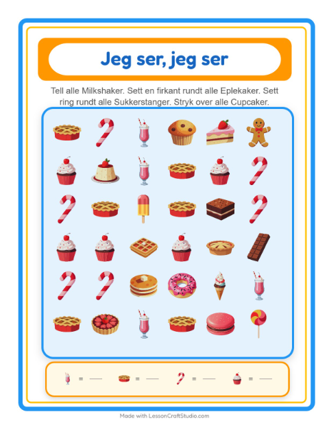 Forhåndsvisning av Finn Og Tell-arbeidsark med Desserter og godteri for Barnehage (3-5 år)