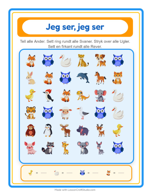 Forhåndsvisning av Finn Og Tell-arbeidsark med Dyr for Barnehage (3-5 år)