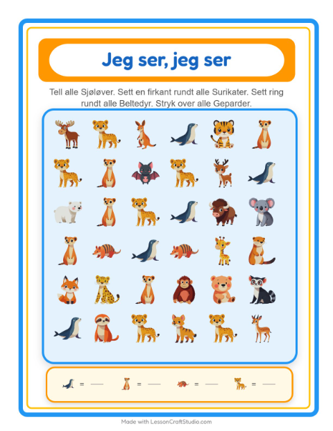 Forhåndsvisning av Finn Og Tell-arbeidsark med Dyrehagedyr for Barnehage (3-5 år)