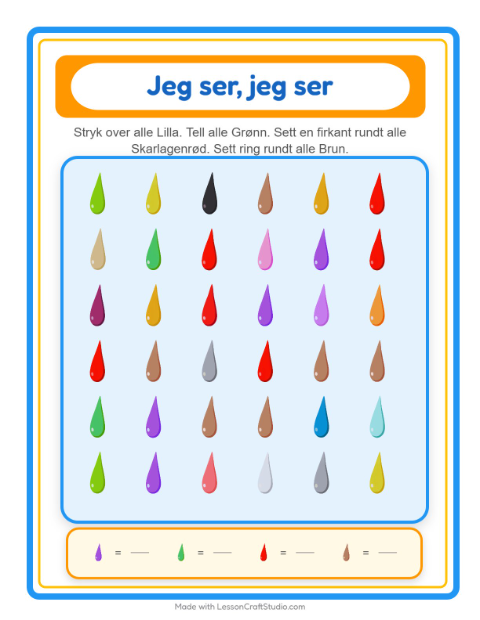 Forhåndsvisning av Finn Og Tell-arbeidsark med Farger for Barnehage (3-5 år)