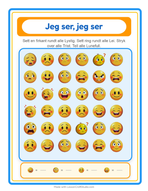 Forhåndsvisning av Finn Og Tell-arbeidsark med Følelser for Barnehage (3-5 år)