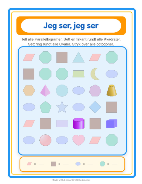 Forhåndsvisning av Finn Og Tell-arbeidsark med Former for Barnehage (3-5 år)