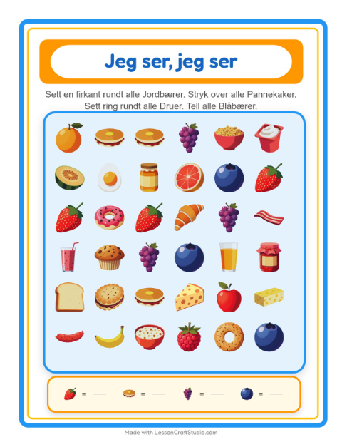 Forhåndsvisning av Finn Og Tell-arbeidsark med Frokost for Barnehage (3-5 år)