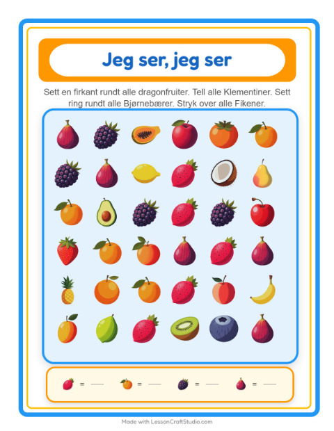 Forhåndsvisning av Finn Og Tell-arbeidsark med Frukter for Barnehage (3-5 år)