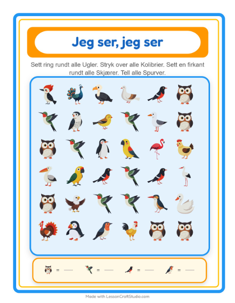Forhåndsvisning av Finn Og Tell-arbeidsark med Fugler 2 for Barnehage (3-5 år)