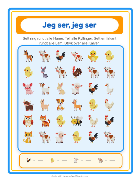 Forhåndsvisning av Finn Og Tell-arbeidsark med Gårdsdyr for Barnehage (3-5 år)