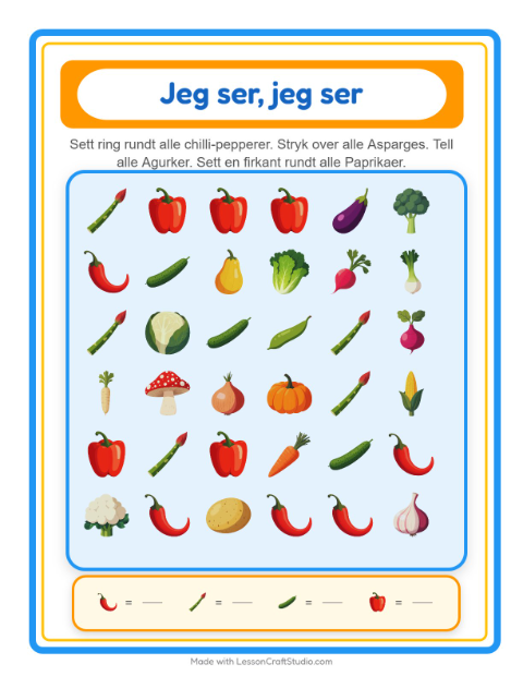 Forhåndsvisning av Finn Og Tell-arbeidsark med Grønnsaker for Barnehage (3-5 år)