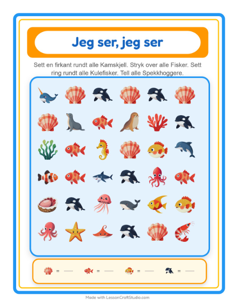 Forhåndsvisning av Finn Og Tell-arbeidsark med Havliv for Barnehage (3-5 år)
