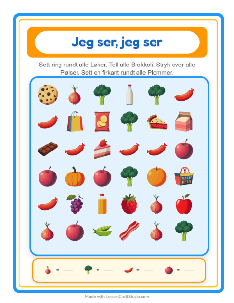 Forhåndsvisning av Finn Og Tell-arbeidsark med I supermarkedet for Barnehage (3-5 år)