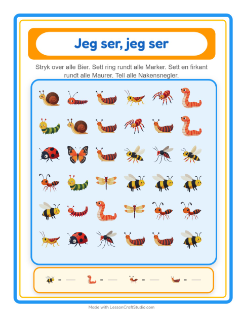 Forhåndsvisning av Finn Og Tell-arbeidsark med Insekter og kryp for Barnehage (3-5 år)