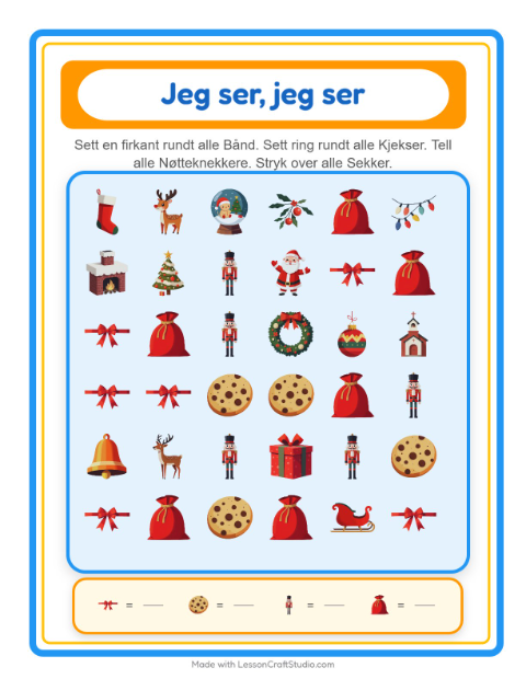 Forhåndsvisning av Finn Og Tell-arbeidsark med Jul for Barnehage (3-5 år)