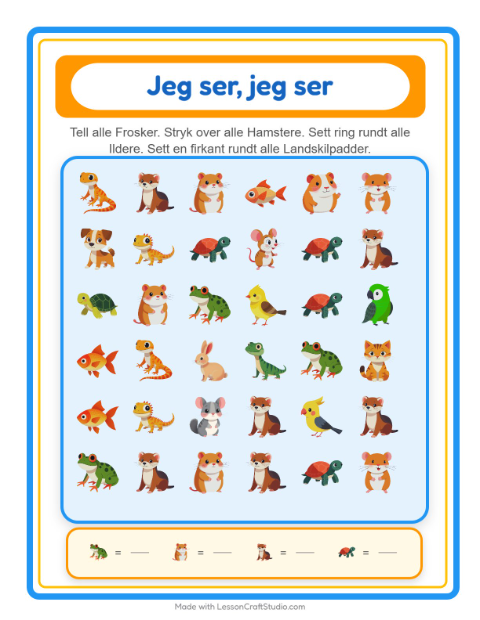 Forhåndsvisning av Finn Og Tell-arbeidsark med Kjæledyr for Barnehage (3-5 år)