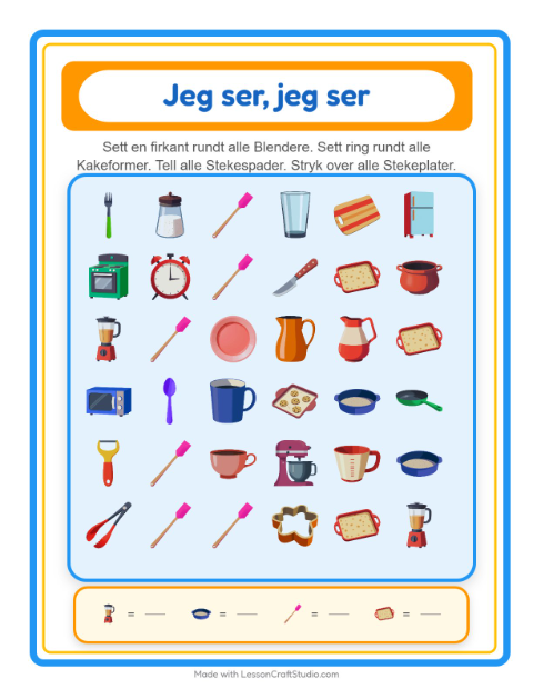 Forhåndsvisning av Finn Og Tell-arbeidsark med Kjøkkenredskaper for Barnehage (3-5 år)