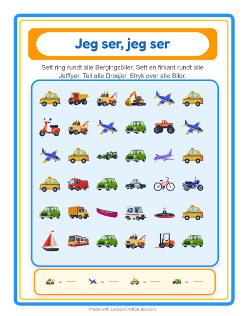 Forhåndsvisning av Finn Og Tell-arbeidsark med Kjøretøy for Barnehage (3-5 år)