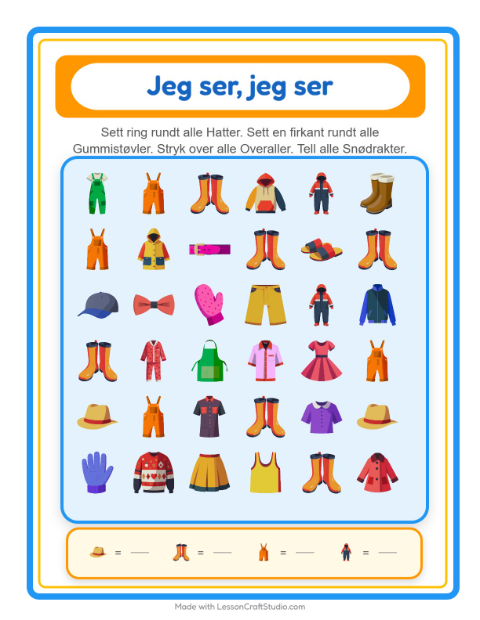 Forhåndsvisning av Finn Og Tell-arbeidsark med Klær for Barnehage (3-5 år)