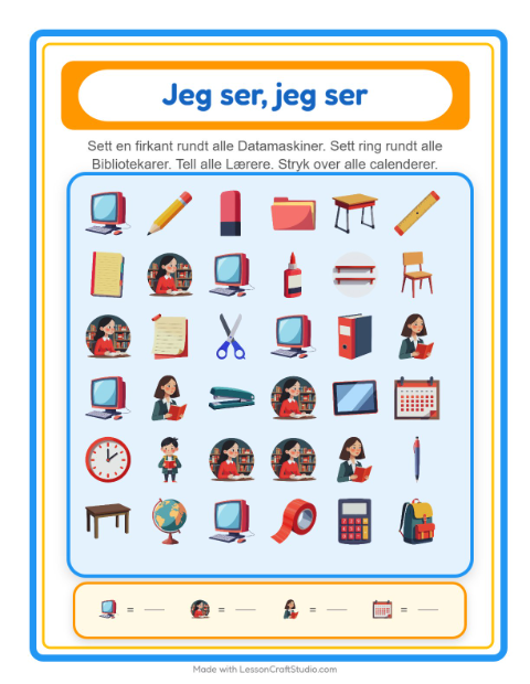 Forhåndsvisning av Finn Og Tell-arbeidsark med Klasserom for Barnehage (3-5 år)