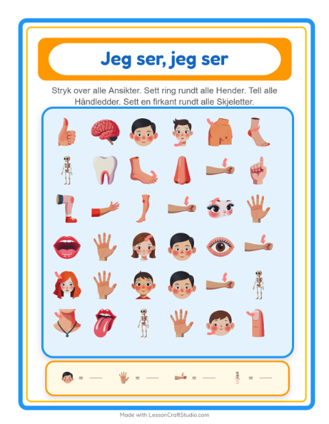 Forhåndsvisning av Finn Og Tell-arbeidsark med Kroppsdeler for Barnehage (3-5 år)