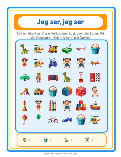 Forhåndsvisning av Finn Og Tell-arbeidsark med Leker for Barnehage (3-5 år)