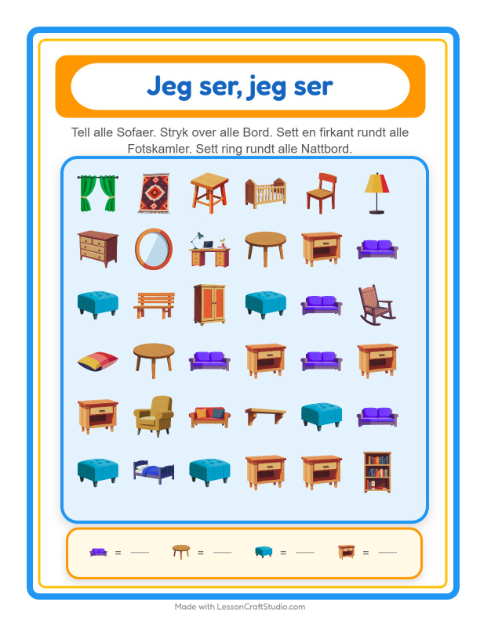 Forhåndsvisning av Finn Og Tell-arbeidsark med Møbler for Barnehage (3-5 år)
