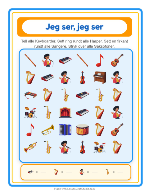 Forhåndsvisning av Finn Og Tell-arbeidsark med Musikk for Barnehage (3-5 år)