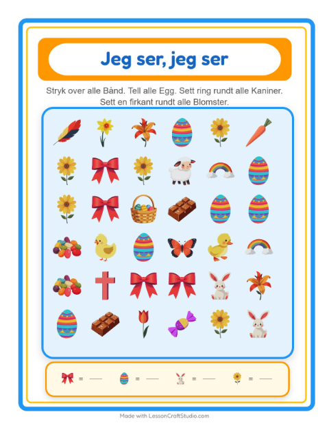 Forhåndsvisning av Finn Og Tell-arbeidsark med Påske for Barnehage (3-5 år)