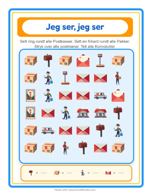 Forhåndsvisning av Finn Og Tell-arbeidsark med Postkontor for Barnehage (3-5 år)