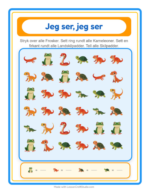 Forhåndsvisning av Finn Og Tell-arbeidsark med Reptiler og amfibier for Barnehage (3-5 år)