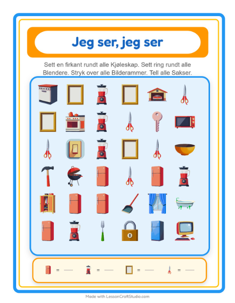 Forhåndsvisning av Finn Og Tell-arbeidsark med Rundt i huset for Barnehage (3-5 år)
