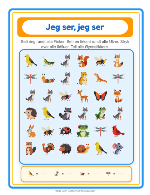 Forhåndsvisning av Finn Og Tell-arbeidsark med Skogsdyr for Barnehage (3-5 år)