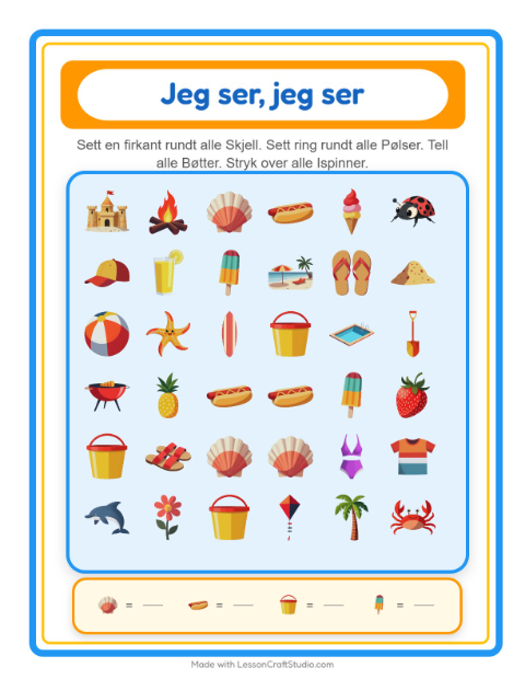 Forhåndsvisning av Finn Og Tell-arbeidsark med Sommer for Barnehage (3-5 år)
