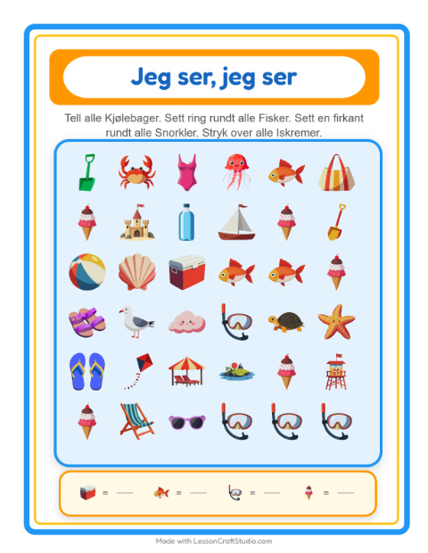 Forhåndsvisning av Finn Og Tell-arbeidsark med Strand for Barnehage (3-5 år)