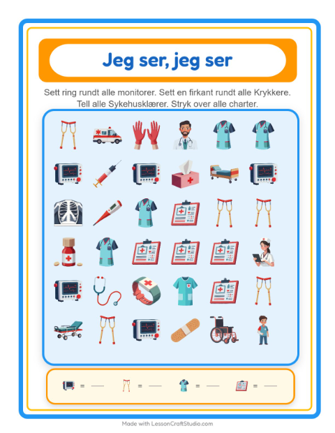 Forhåndsvisning av Finn Og Tell-arbeidsark med Sykehus for Barnehage (3-5 år)