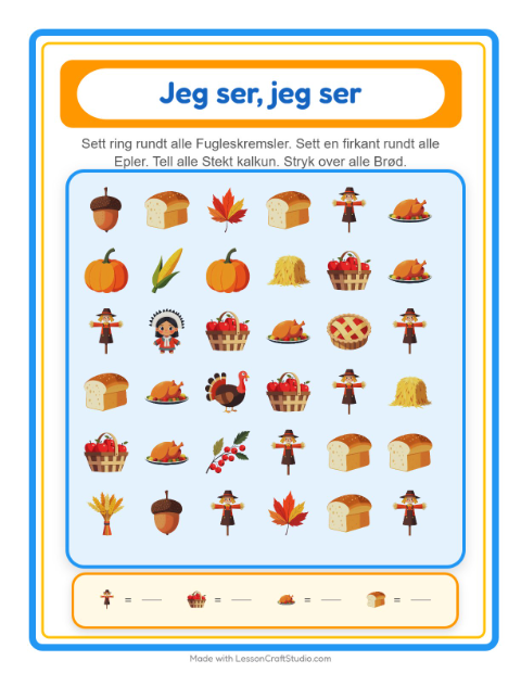 Forhåndsvisning av Finn Og Tell-arbeidsark med Thanksgiving for Barnehage (3-5 år)