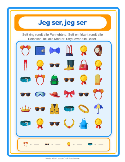 Forhåndsvisning av Finn Og Tell-arbeidsark med Tilbehør for Barnehage (3-5 år)