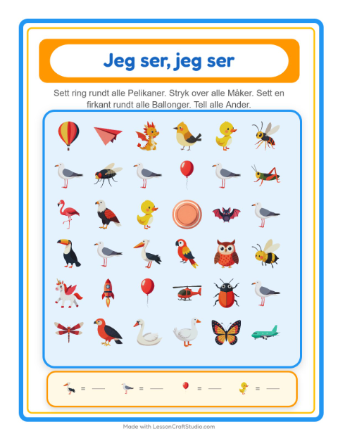 Forhåndsvisning av Finn Og Tell-arbeidsark med Ting som flyr for Barnehage (3-5 år)