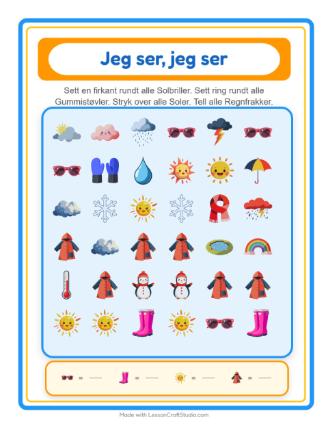 Forhåndsvisning av Finn Og Tell-arbeidsark med Vær for Barnehage (3-5 år)