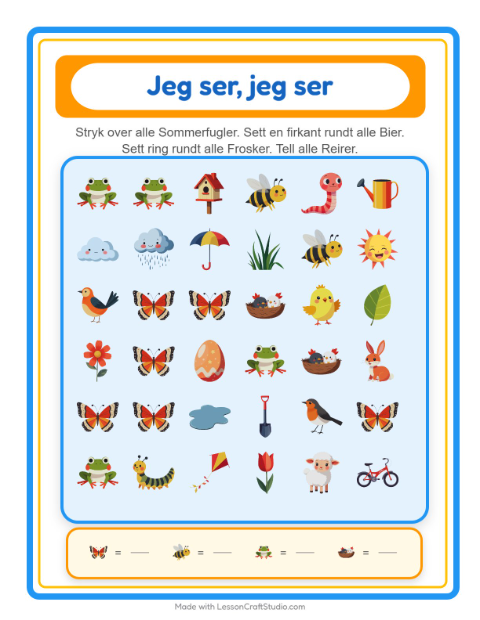 Forhåndsvisning av Finn Og Tell-arbeidsark med Vår for Barnehage (3-5 år)