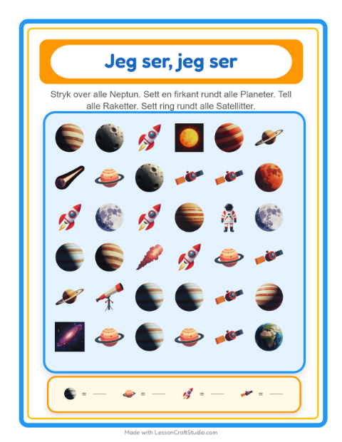 Forhåndsvisning av Finn Og Tell-arbeidsark med Verdensrommet for Barnehage (3-5 år)